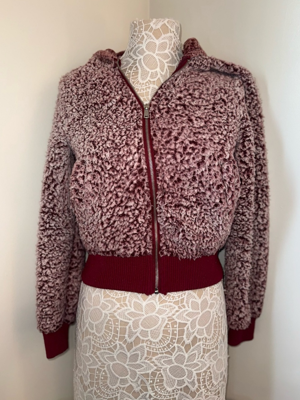 EUC Small Love Tree sherpa fuzzy maroon jacket.